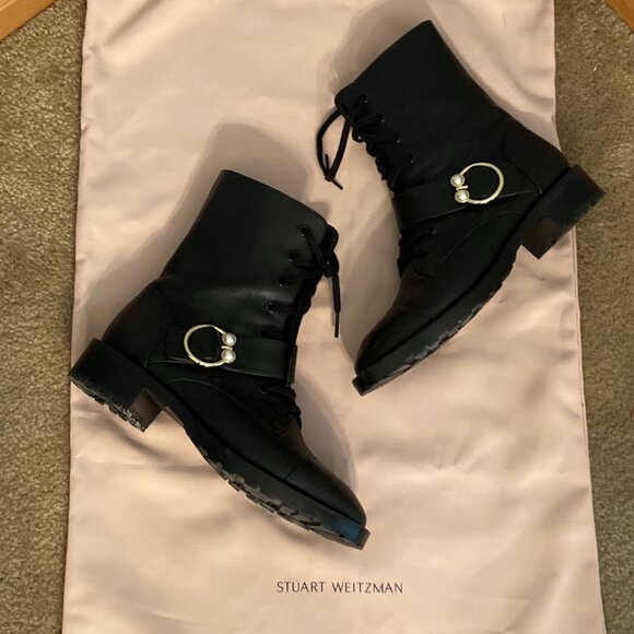 Stuart Weitzman Black Leather Ankle Combat Boots Pearl Ring Women US Size 7 - Picture 2 of 16
